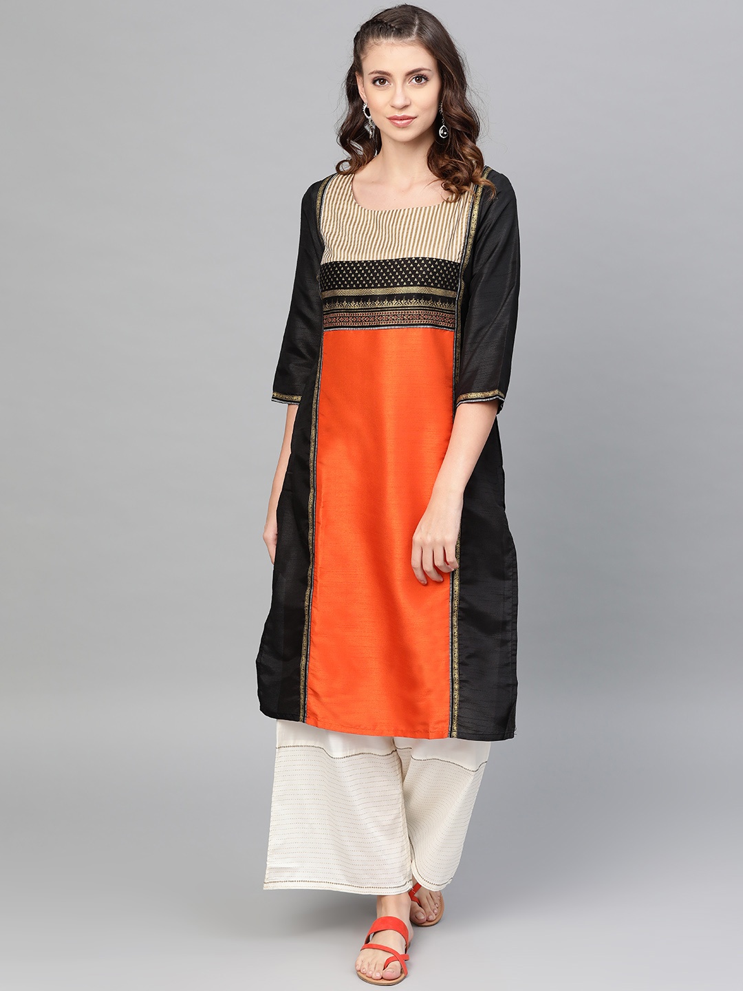 

W Women Orange & Black Printed Straight Kurta