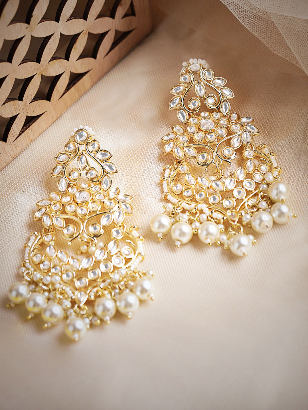 

Rubans Gold-Plated & White Kundan Studded Classic Drop Earrings