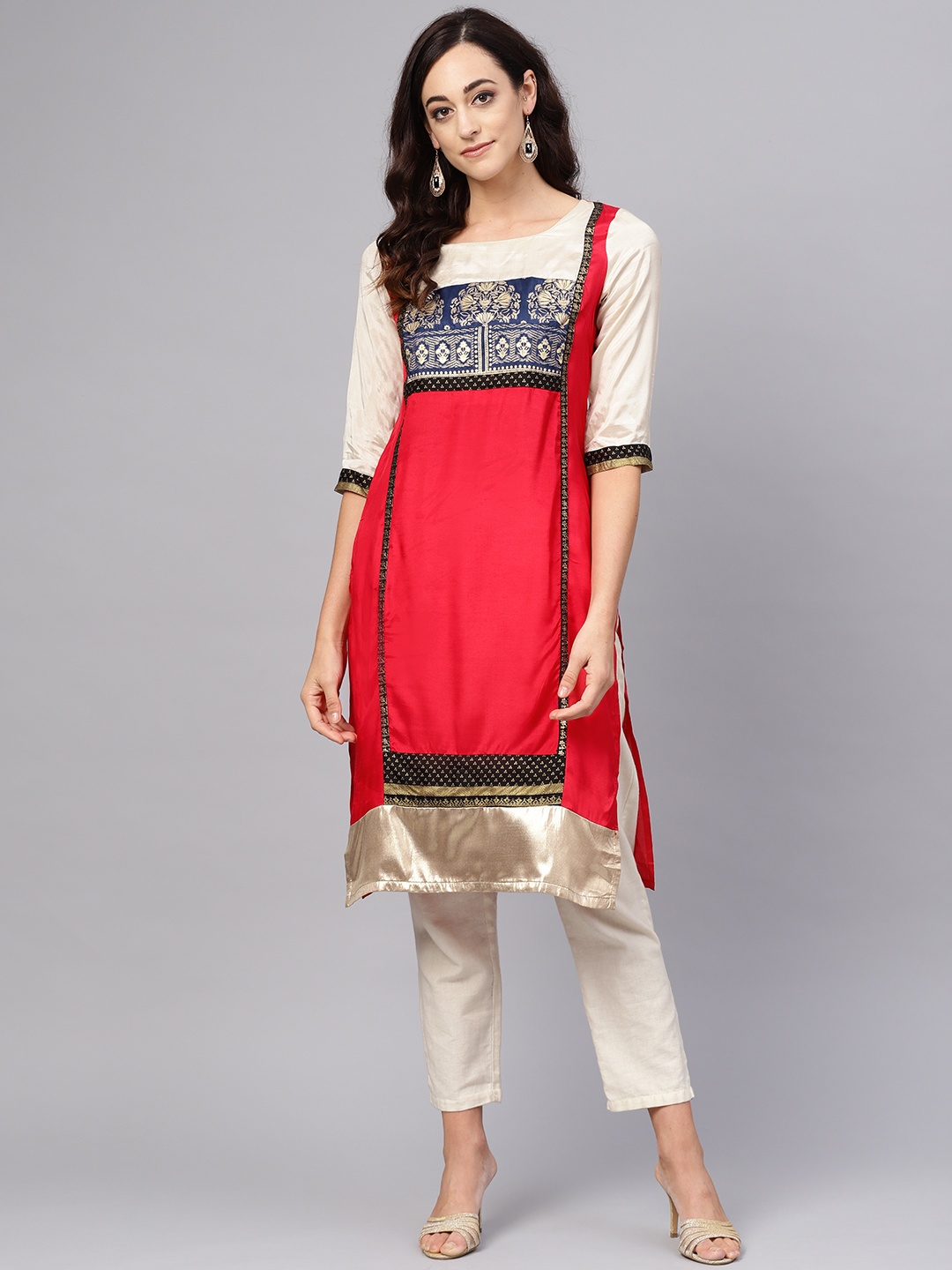 

W Women Red & Cream-Coloured Printed Straight Kurta