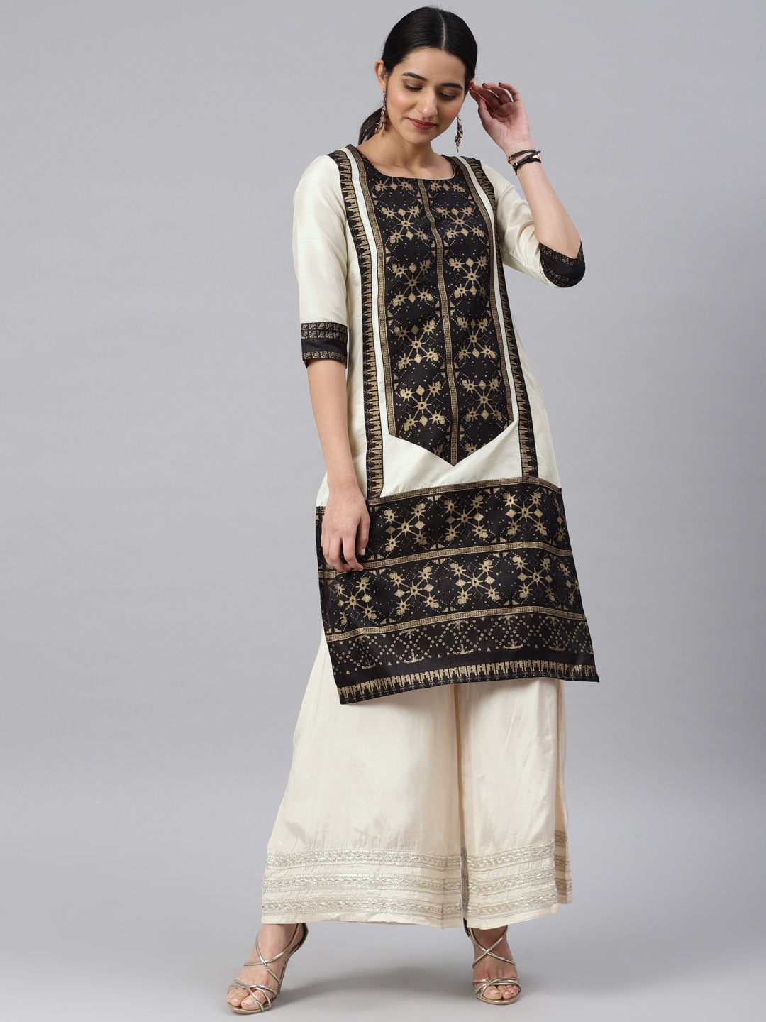 

W Women Black & Off-White Printed Straight Kurta