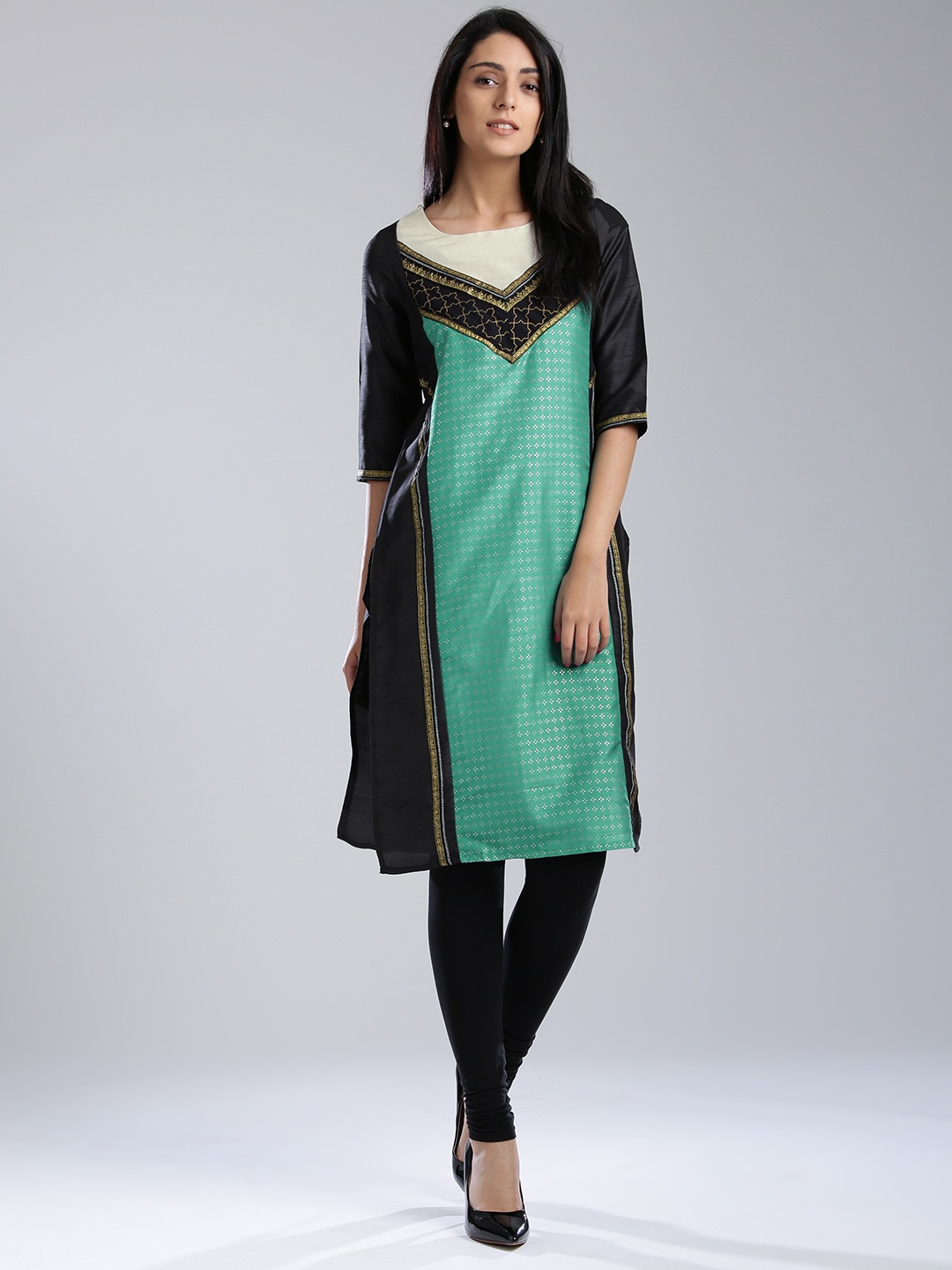 

W Women Black & Sea Green Printed Straight Kurta