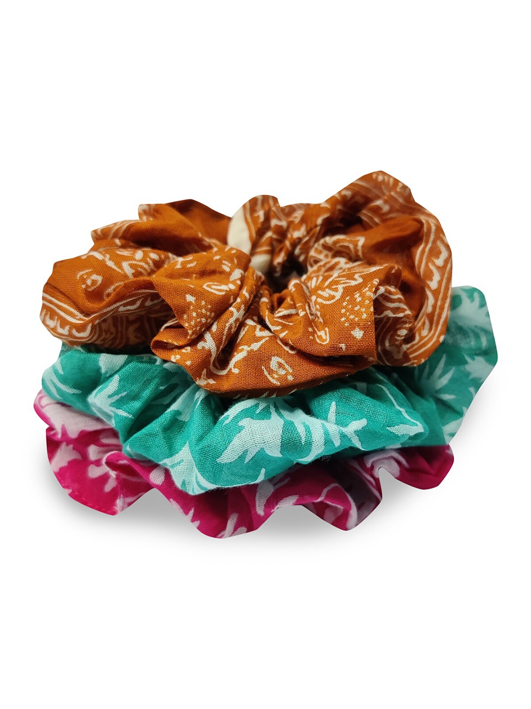 

Aditi Wasan Women Printed Set of 3 Cotton Ponytail Holders, Coffee brown