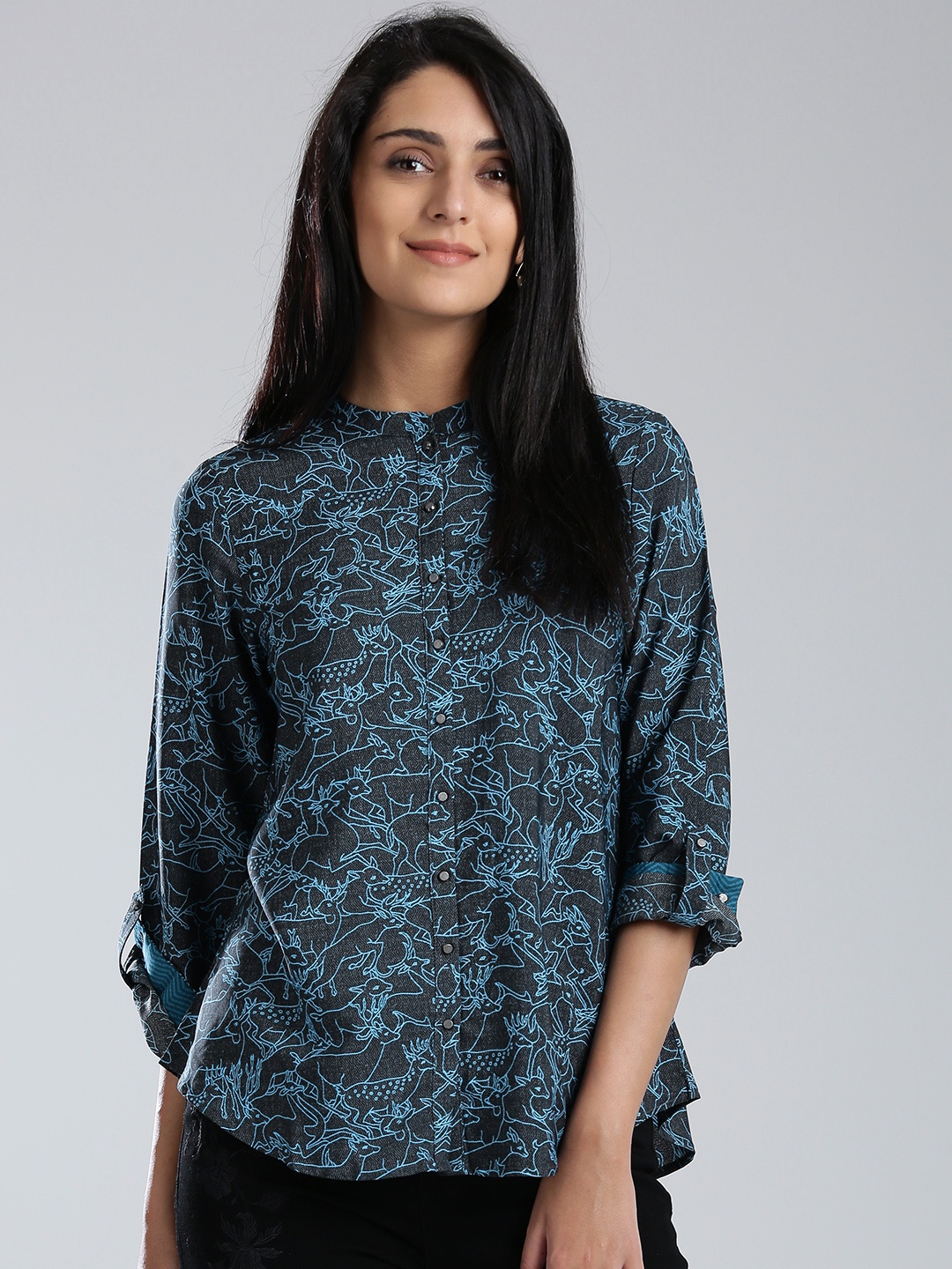 

W Women Black & Blue Printed Shirt Style Top