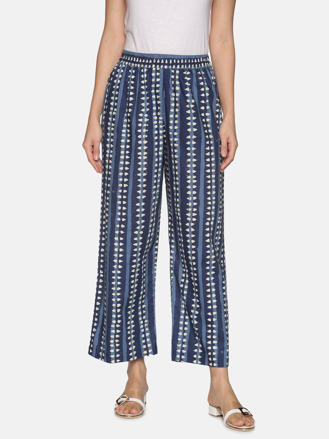 

Saffron Threads Women Blue & White Printed Cotton Flared Ethnic Palazzos