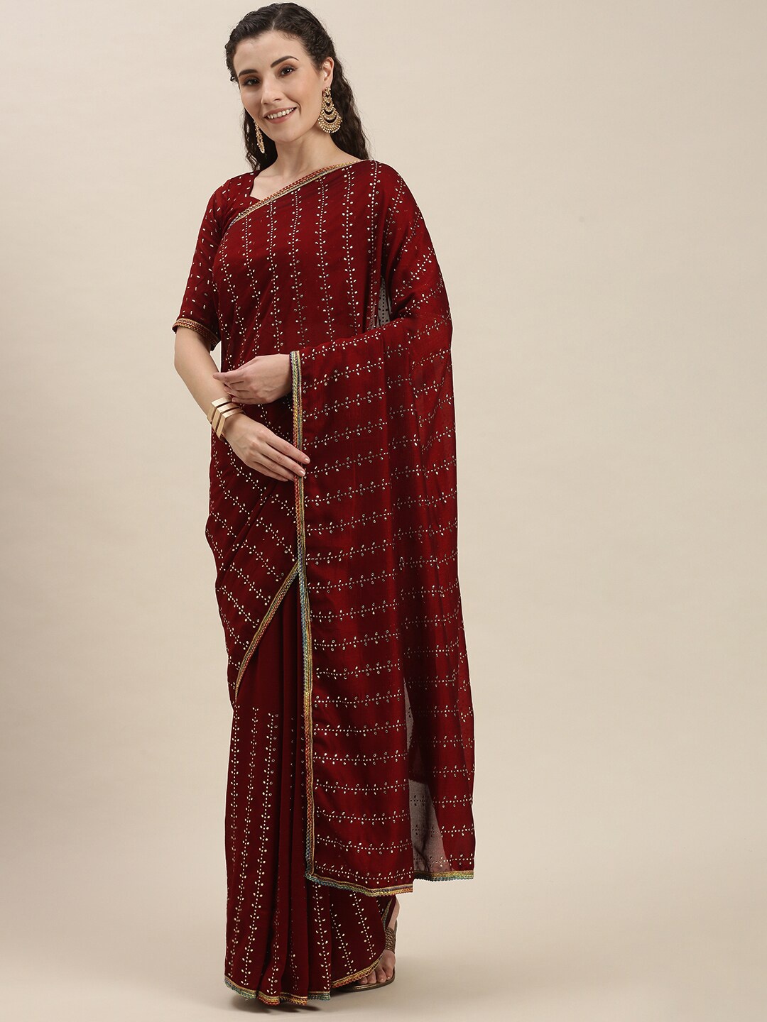 

Fab Viva Red & Gold-Toned Ethnic Motifs Silk Blend Saree With Blouse Piece