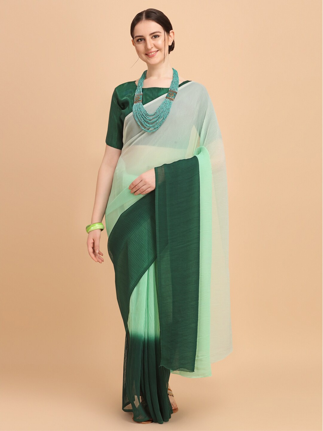 

Fab Viva Green & Sea Green Colourblocked Pleated Pure Georgette Saree With Blouse Piece