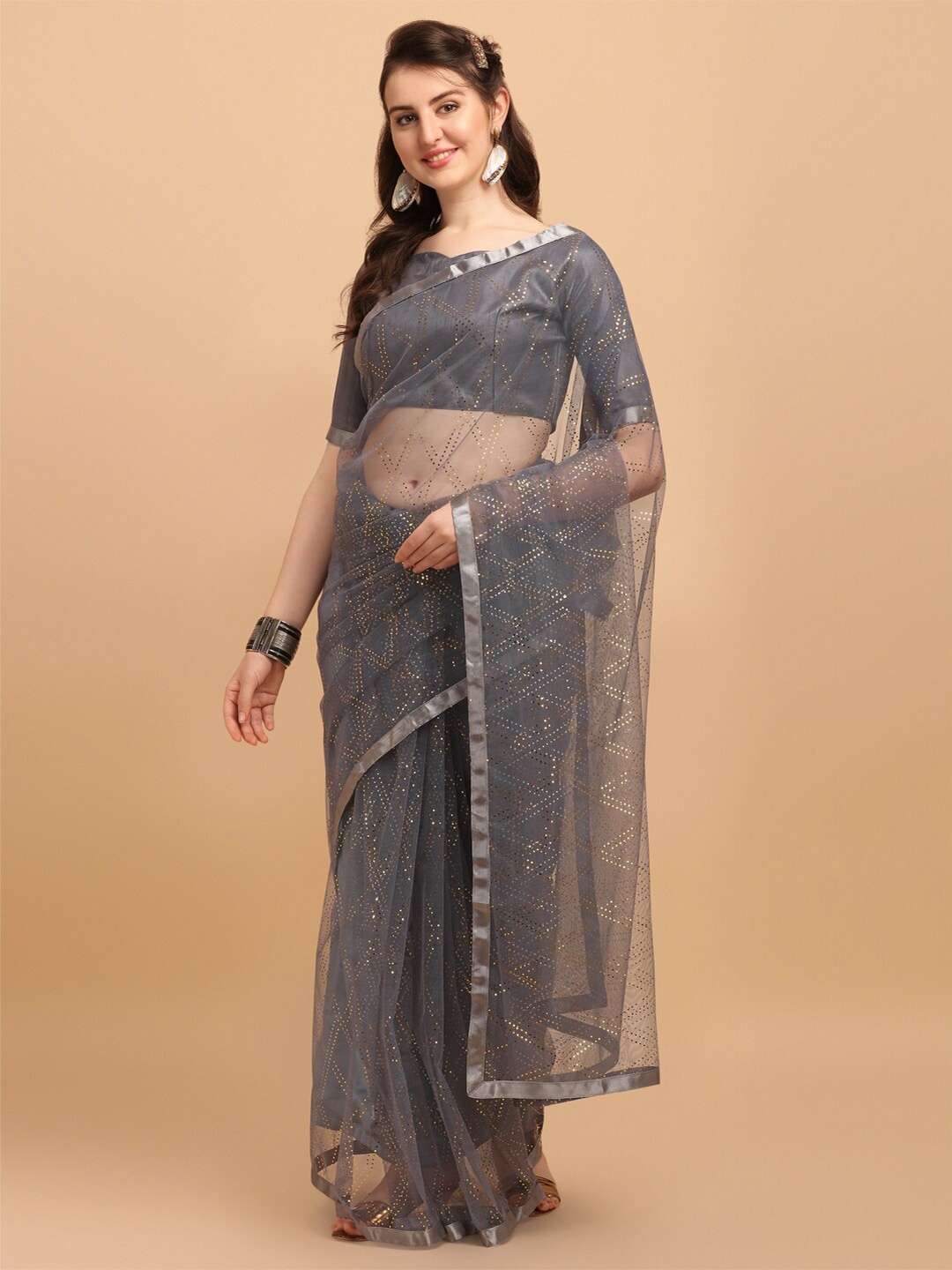 

Fab Viva Grey & Gold-Toned Embellished Sequinned Net Saree With Blouse Piece