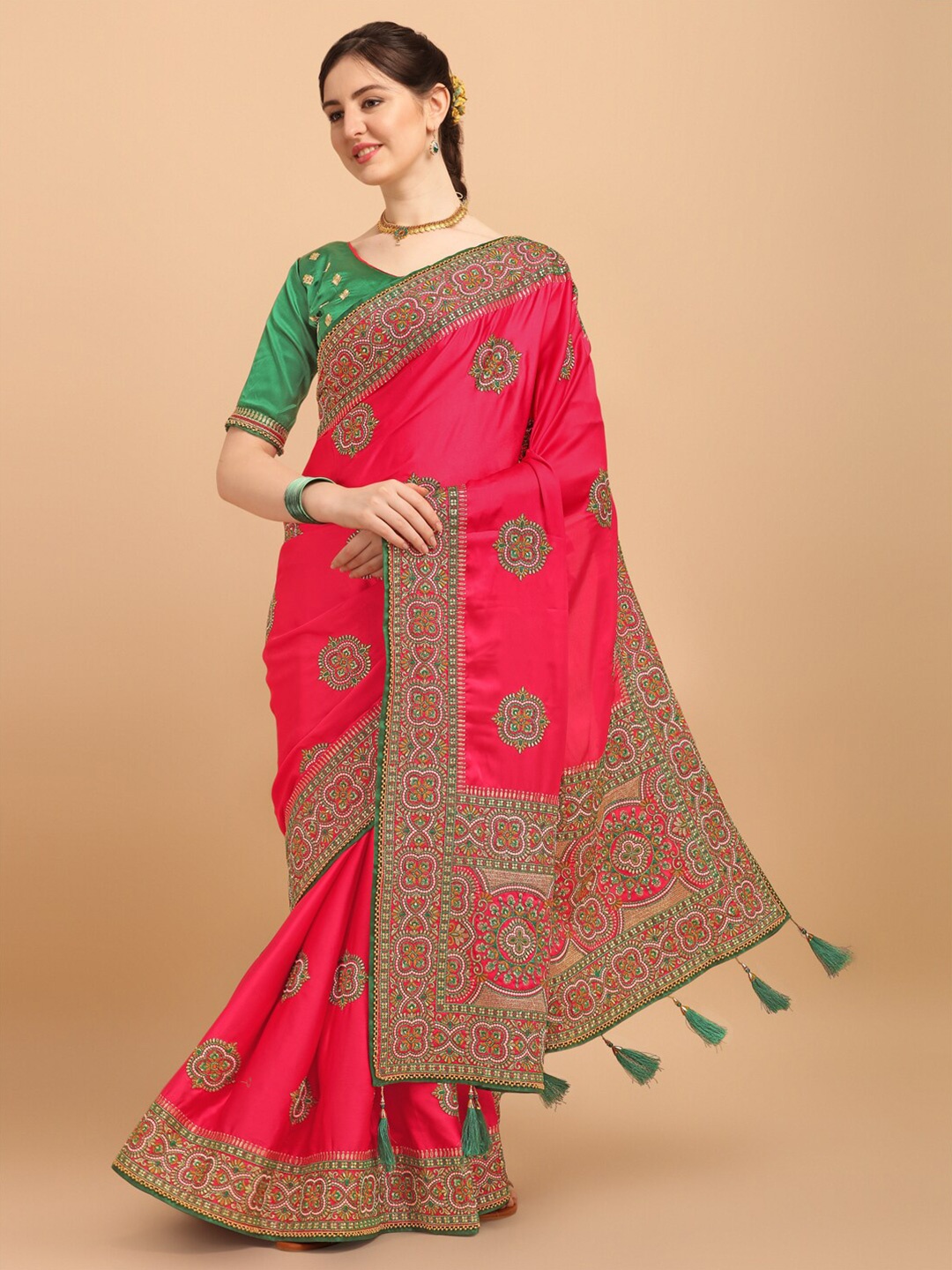 

Fab Viva Pink & Green Ethnic Motifs Embroidered Pure Silk Saree With Blouse Piece