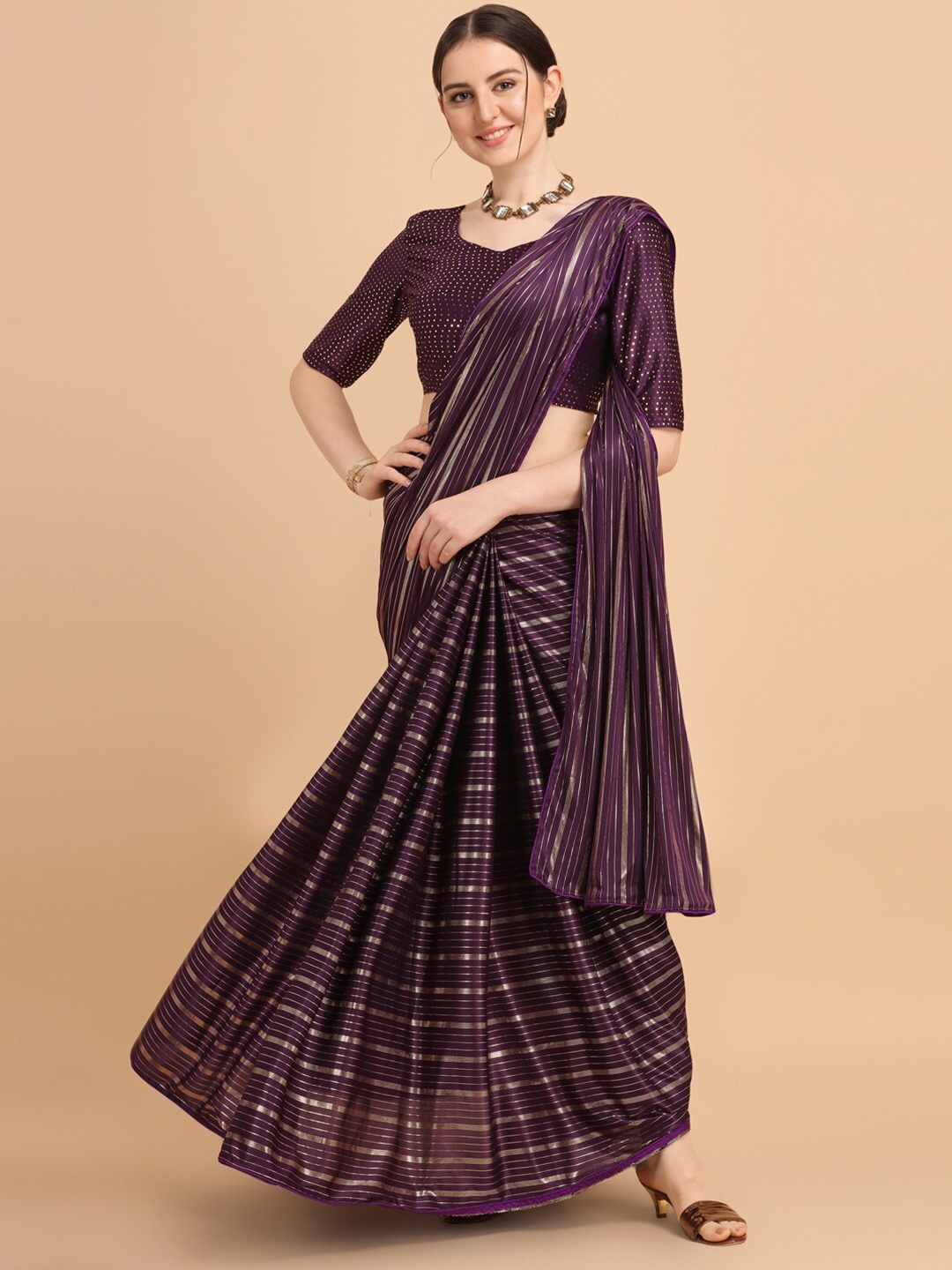 

Fab Viva Purple & Gold-Toned Striped Art Silk Saree With Embellished Blouse Piece