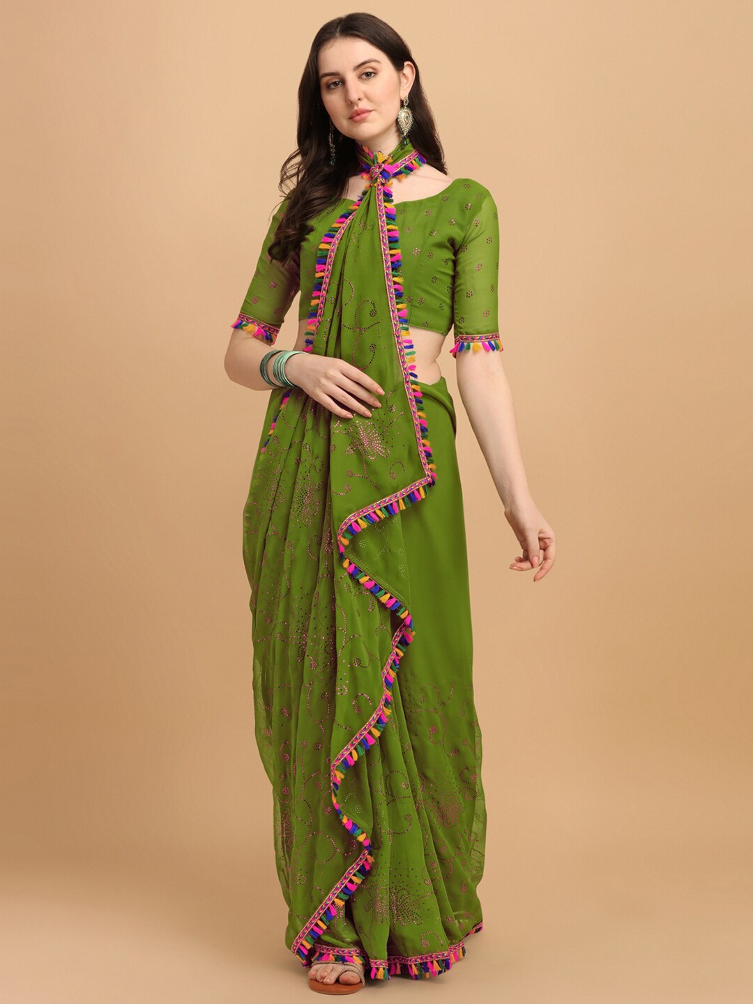 

Fab Viva Green & Pink Floral Pure Georgette Saree