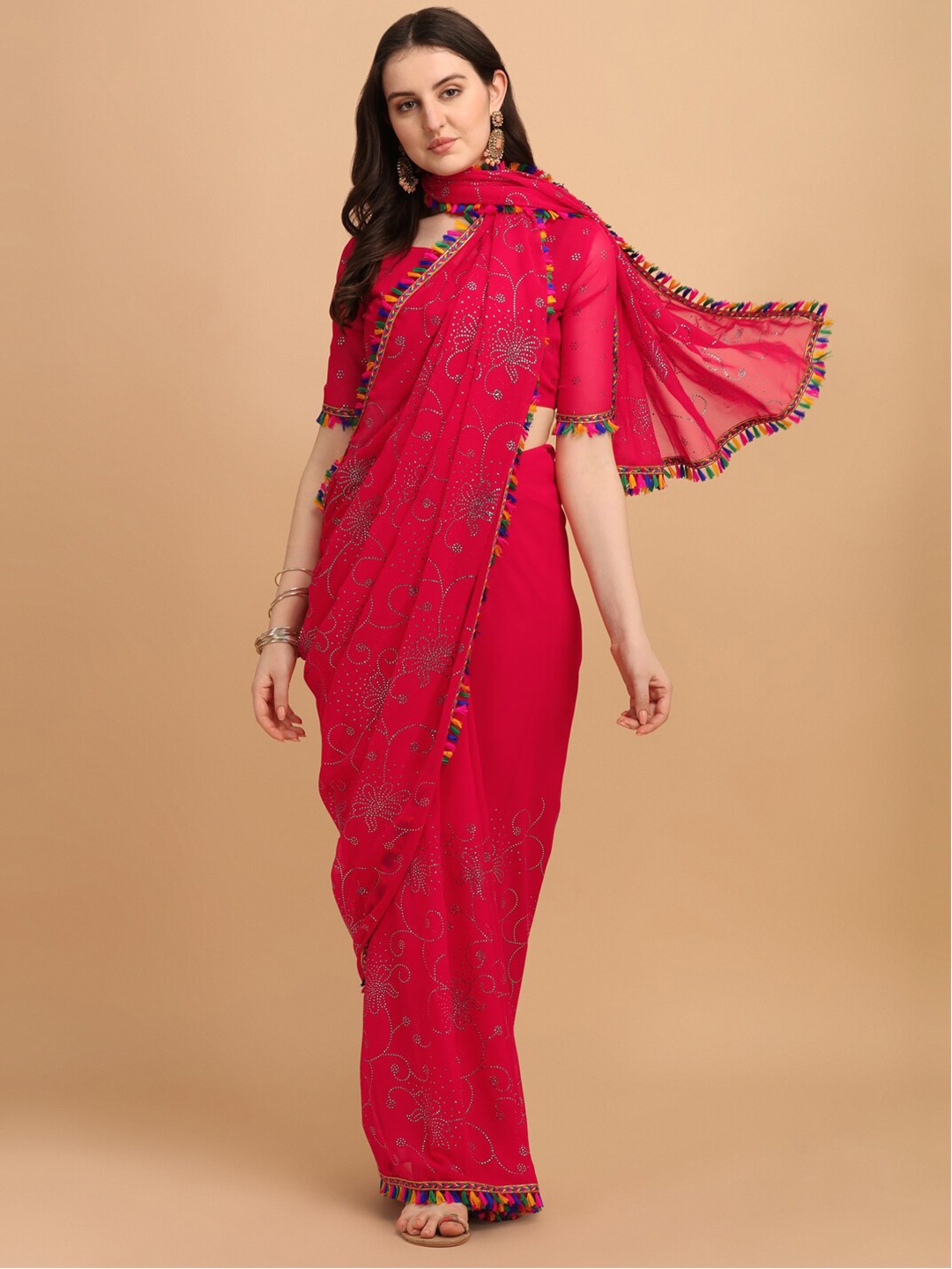 

Fab Viva Pink Floral Pure Georgette Floral Saree