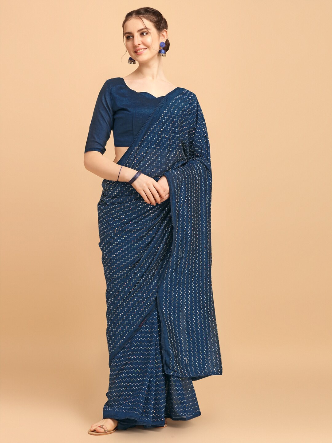 

Fab Viva Blue & Silver-Toned Leheriya Sequinned Silk Cotton Saree