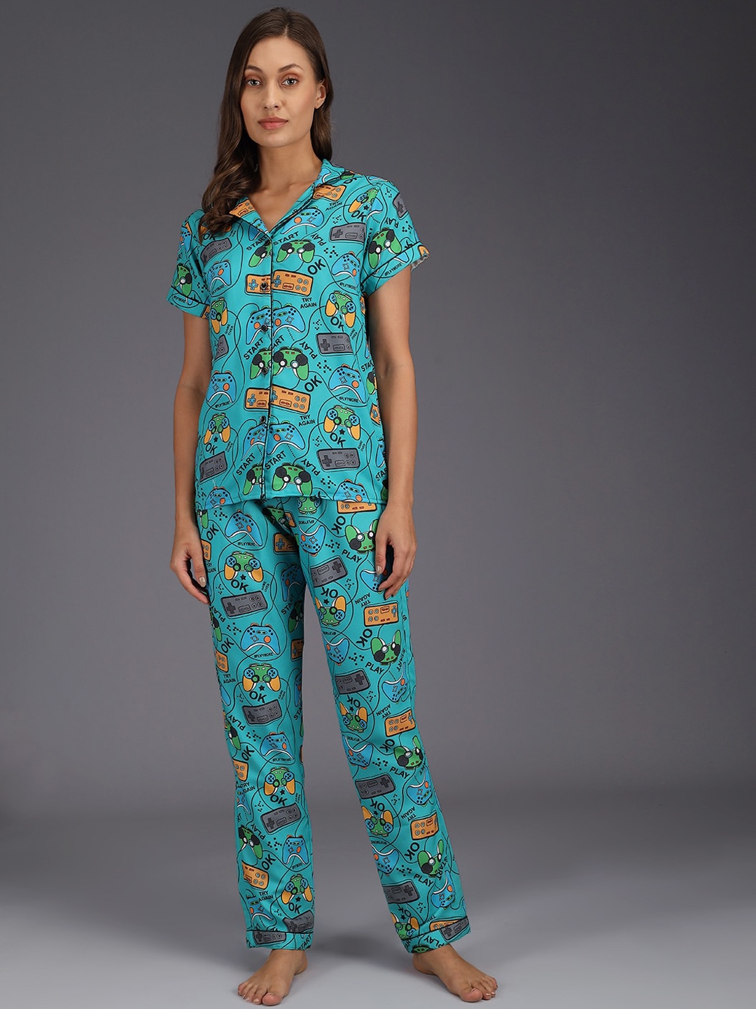 

SEPHANI Women Green & Orange Printed Night Suit
