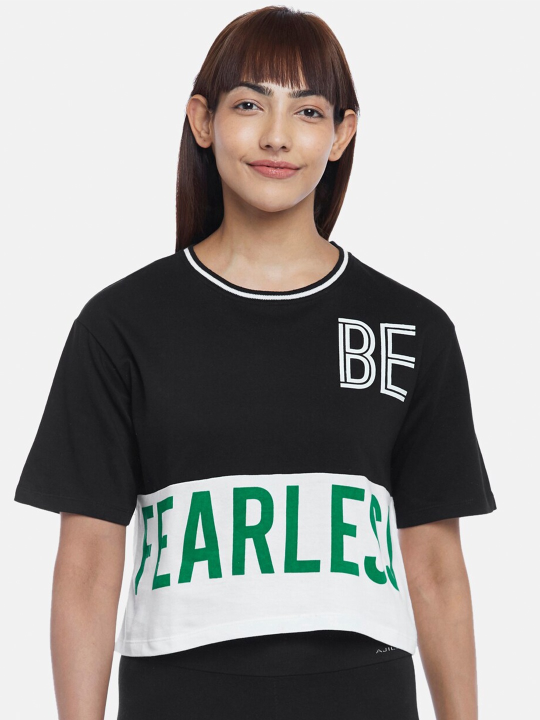 

Ajile by Pantaloons Women Black And White Typography Printed Short Sleeves T Shirt