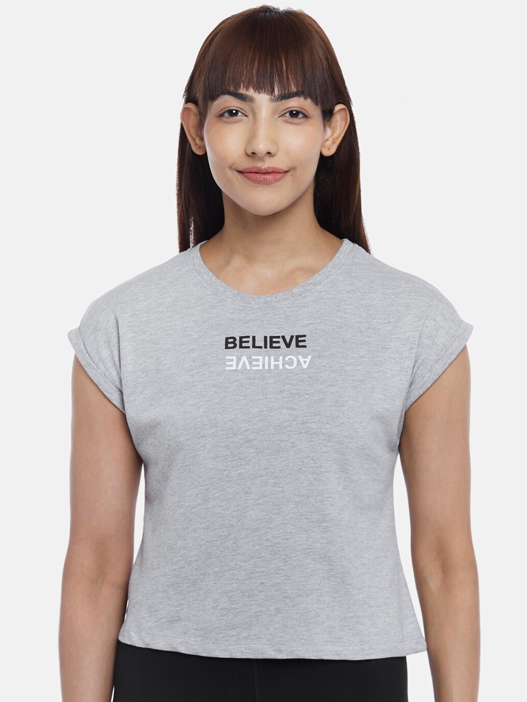 

Ajile by Pantaloons Women Grey Solid Round Neck Cap Sleeves Cotton T Shirt