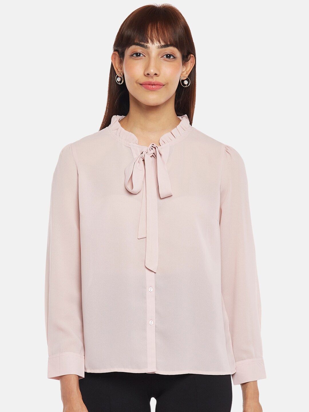 

Annabelle by Pantaloons Women Pink Solid Polyester Tie-Up Neck Shirt Style Top