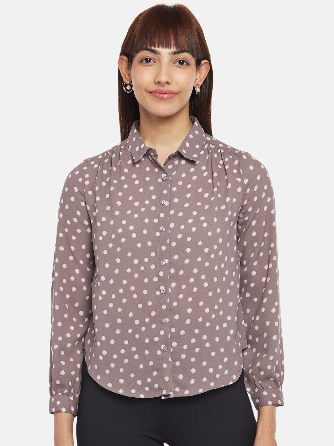 

Annabelle by Pantaloons Women Mauve Printed Polyester Shirt Style Top