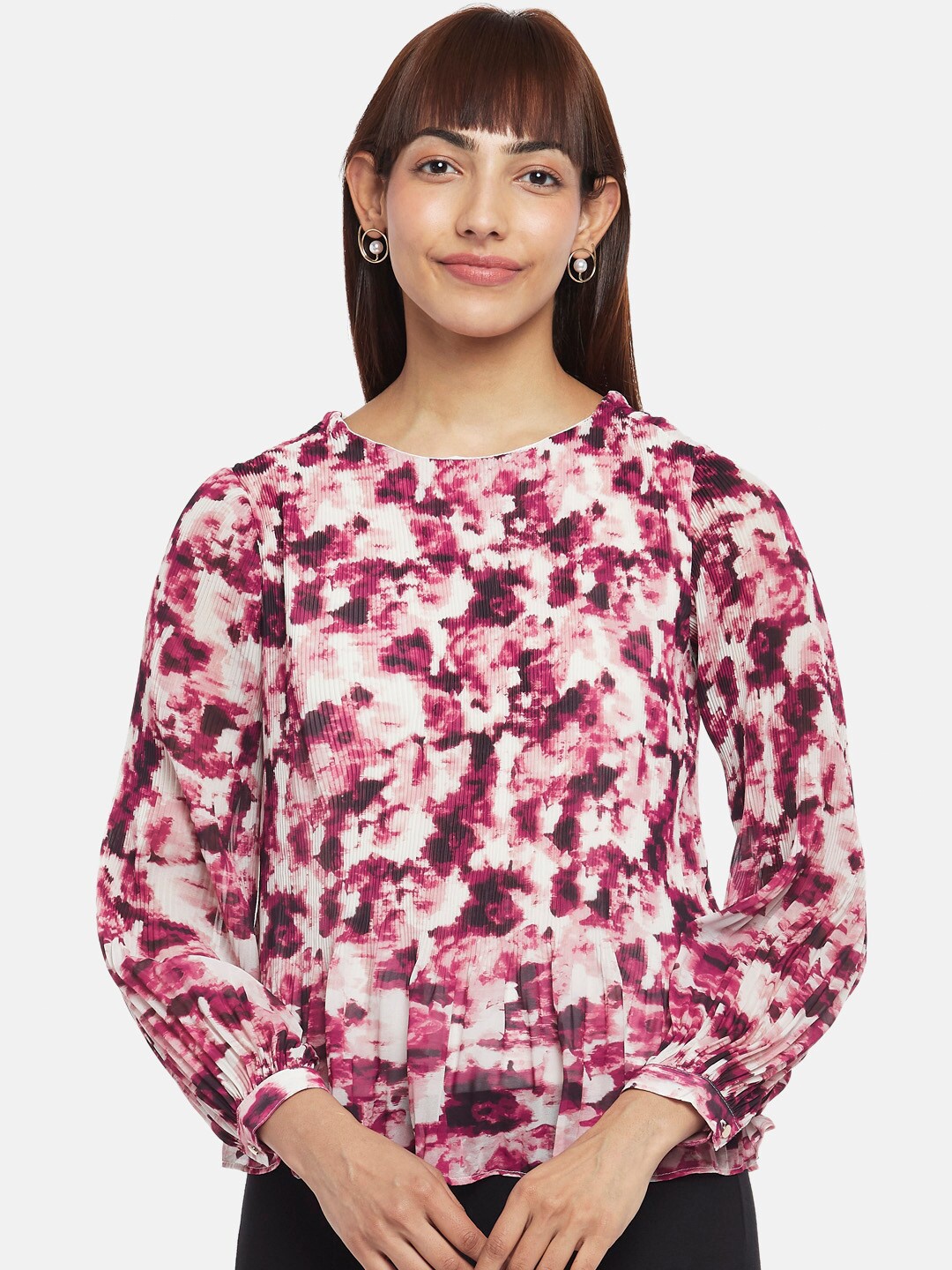 

Annabelle by Pantaloons Women Pink Abstract Print Long Sleeves Peplum Top