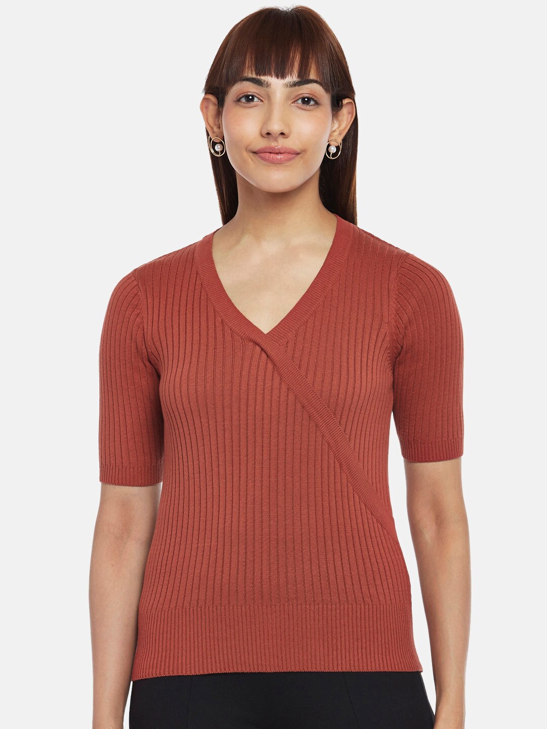 

Annabelle by Pantaloons Women Rust Brown Short Sleeves Ruched Wrap Top