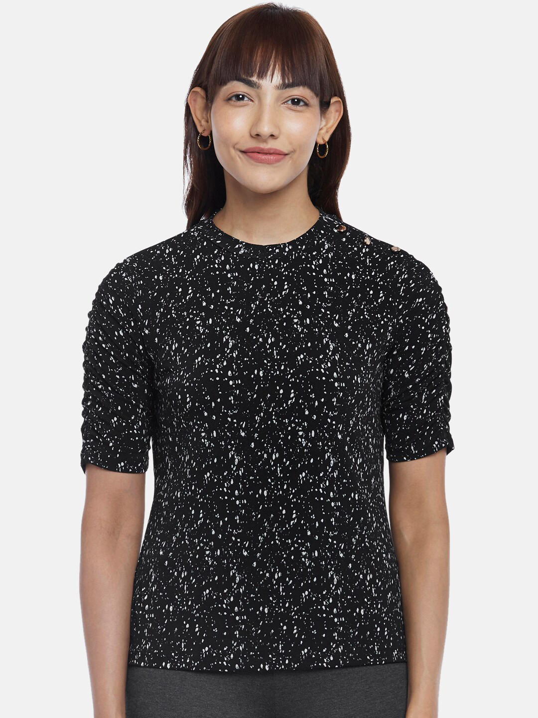

Annabelle by Pantaloons Women Black Abstract Print Ruched Sleeves Top