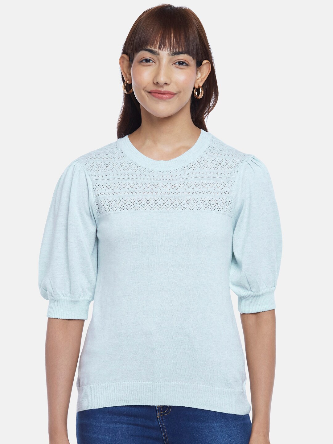 

Honey by Pantaloons Women Green Self Design Puff Sleeve Top