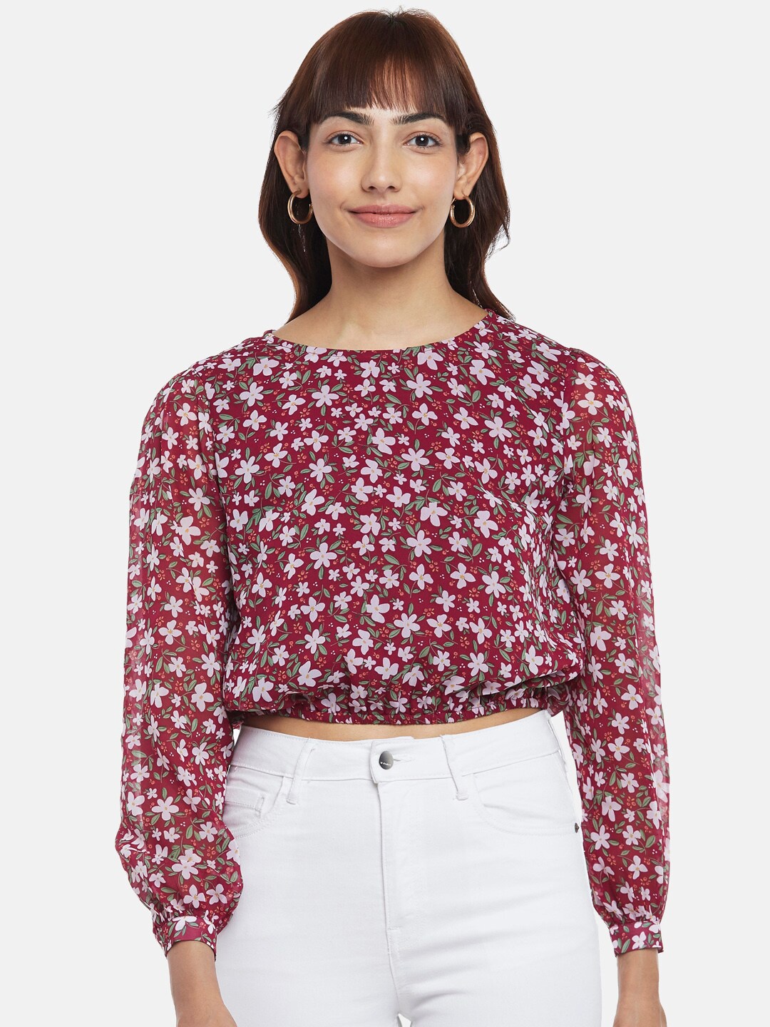 

People Women Maroon Floral Printed Polyester Blouson Crop Top