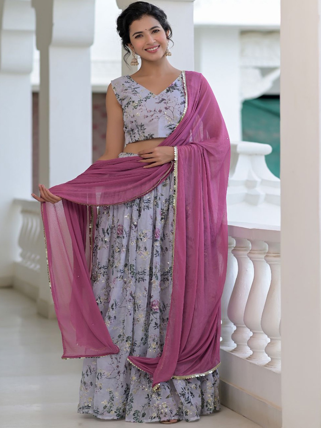 

Rangpur Women Grey & Purple Embroidered Ready to Wear Lehenga & Blouse With Dupatta