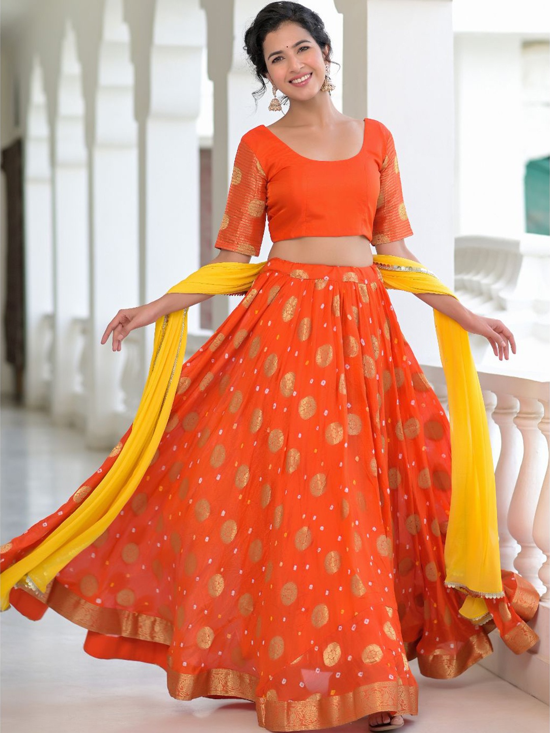 

Rangpur Women Orange & Yellow Ready to Wear Lehenga & Blouse With Dupatta