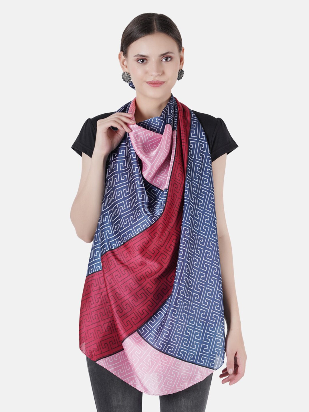 

MUFFLY Women Blue & Red Printed Lightweight Scarf