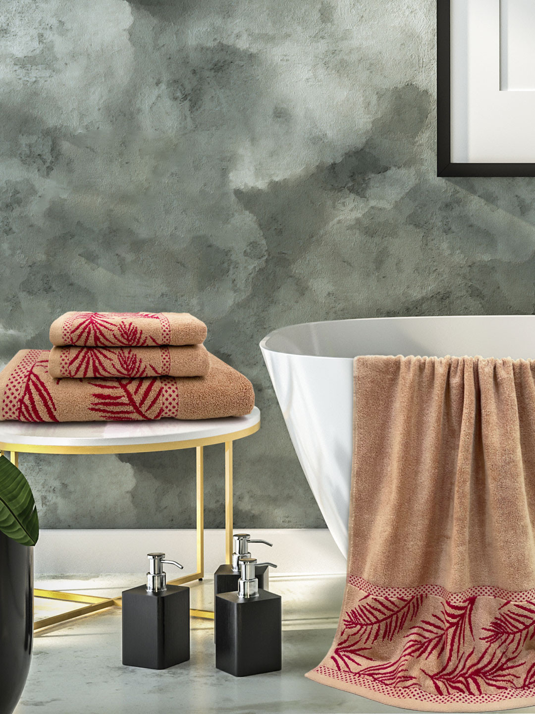 

Aura Set Of 4 Wedelia 380 GSM Printed Leaf-Flax Cotton Hand And Bath Towel Set, Beige