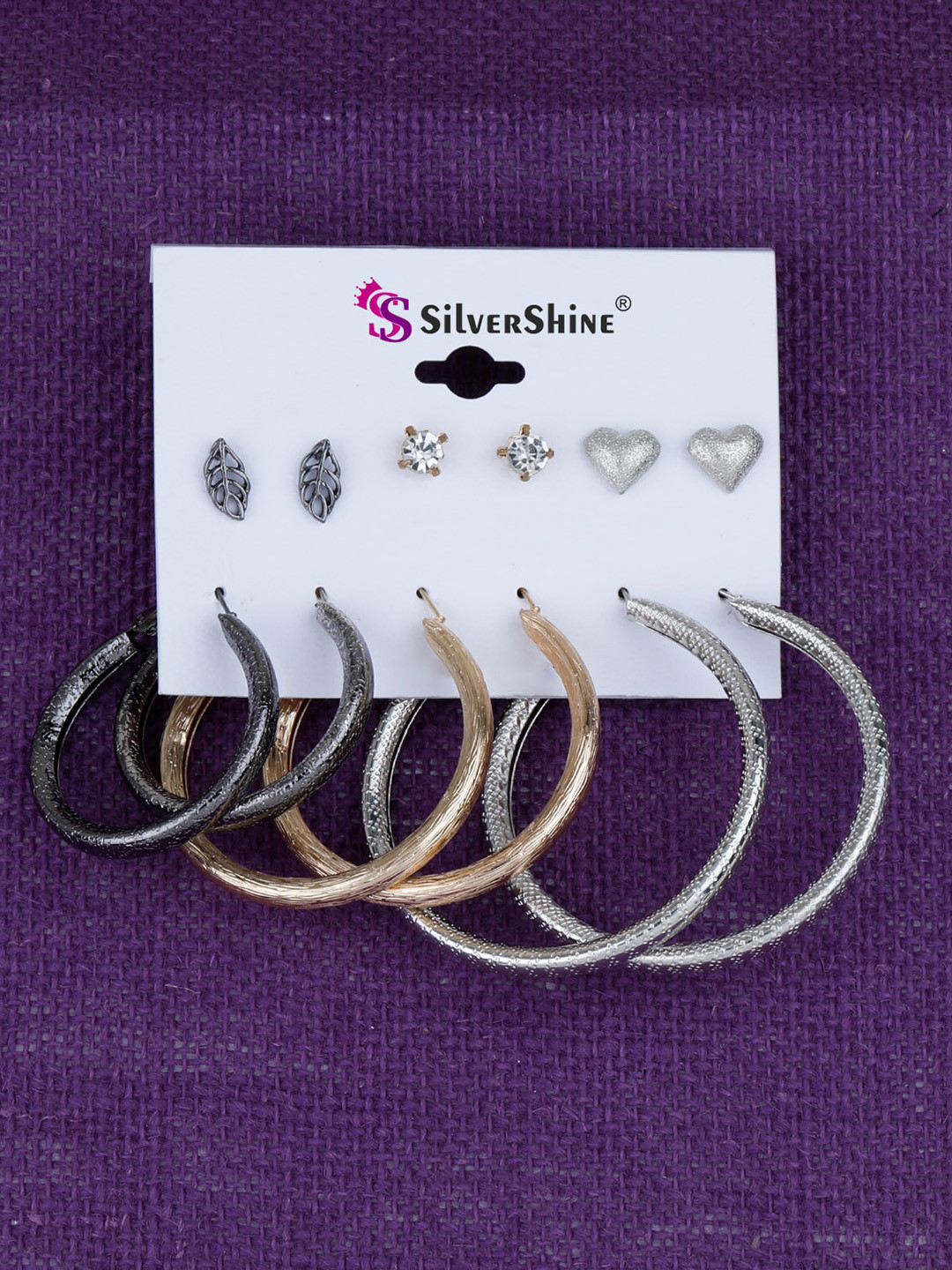 

Silver Shine Set Of 6 Gold-Plated & Silver-Plated Classic Studs & Hoop Earrings