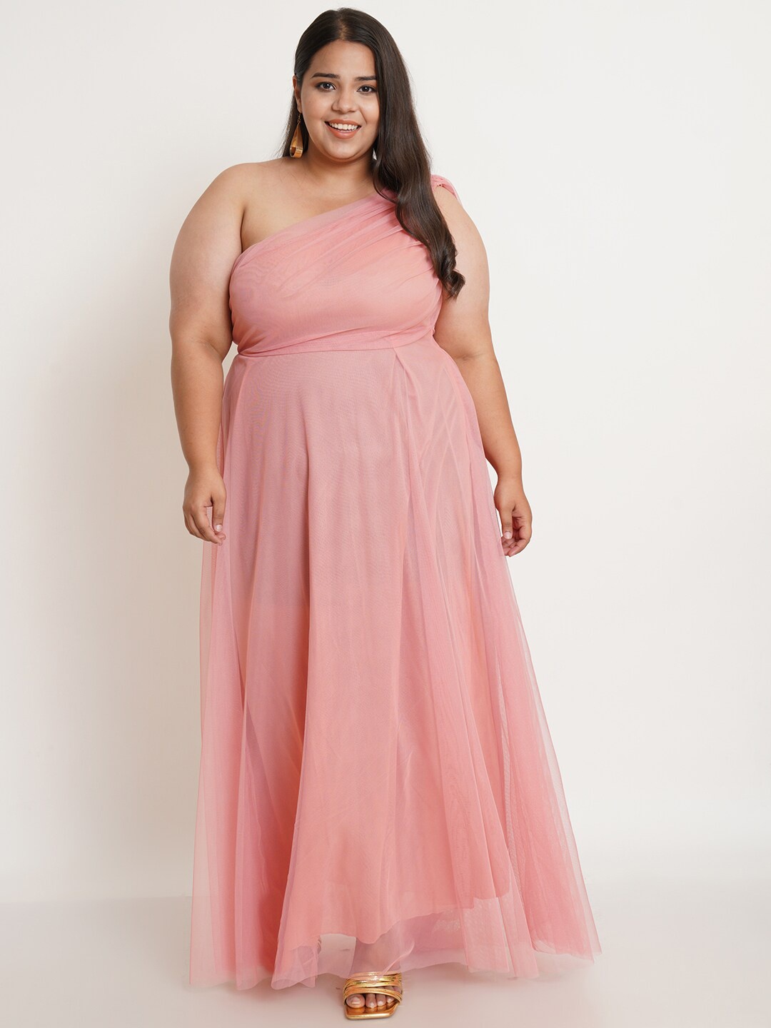 

U&F Pink One Shoulder Net Maxi Dress
