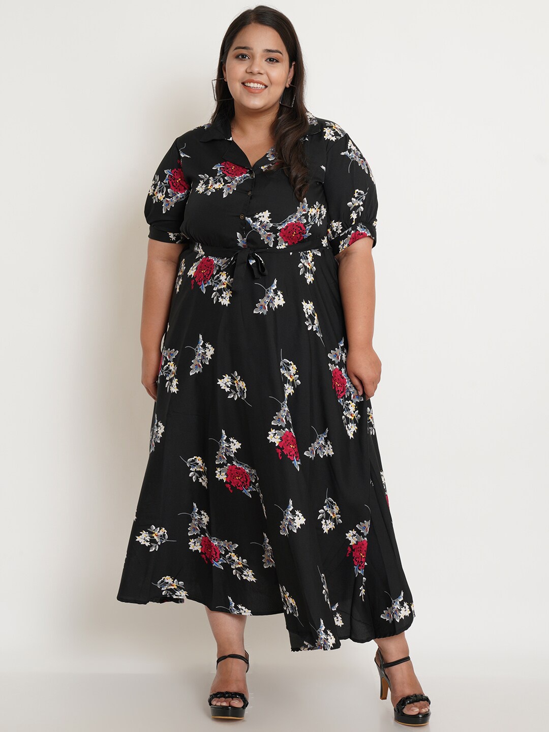 

U&F Plus Size Women Black & Red Floral Printed Crepe Midi Dress