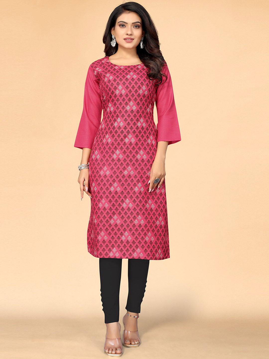 

KALINI Women Pink And Brown Ethnic Motifs Screen Printed Straight Kurta