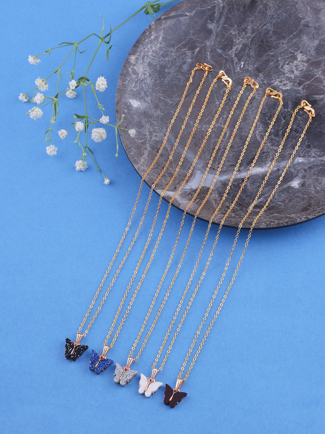 

Brandsoo Pack Of 5 Gold-Toned & Blue Brass Gold-Plated Necklace