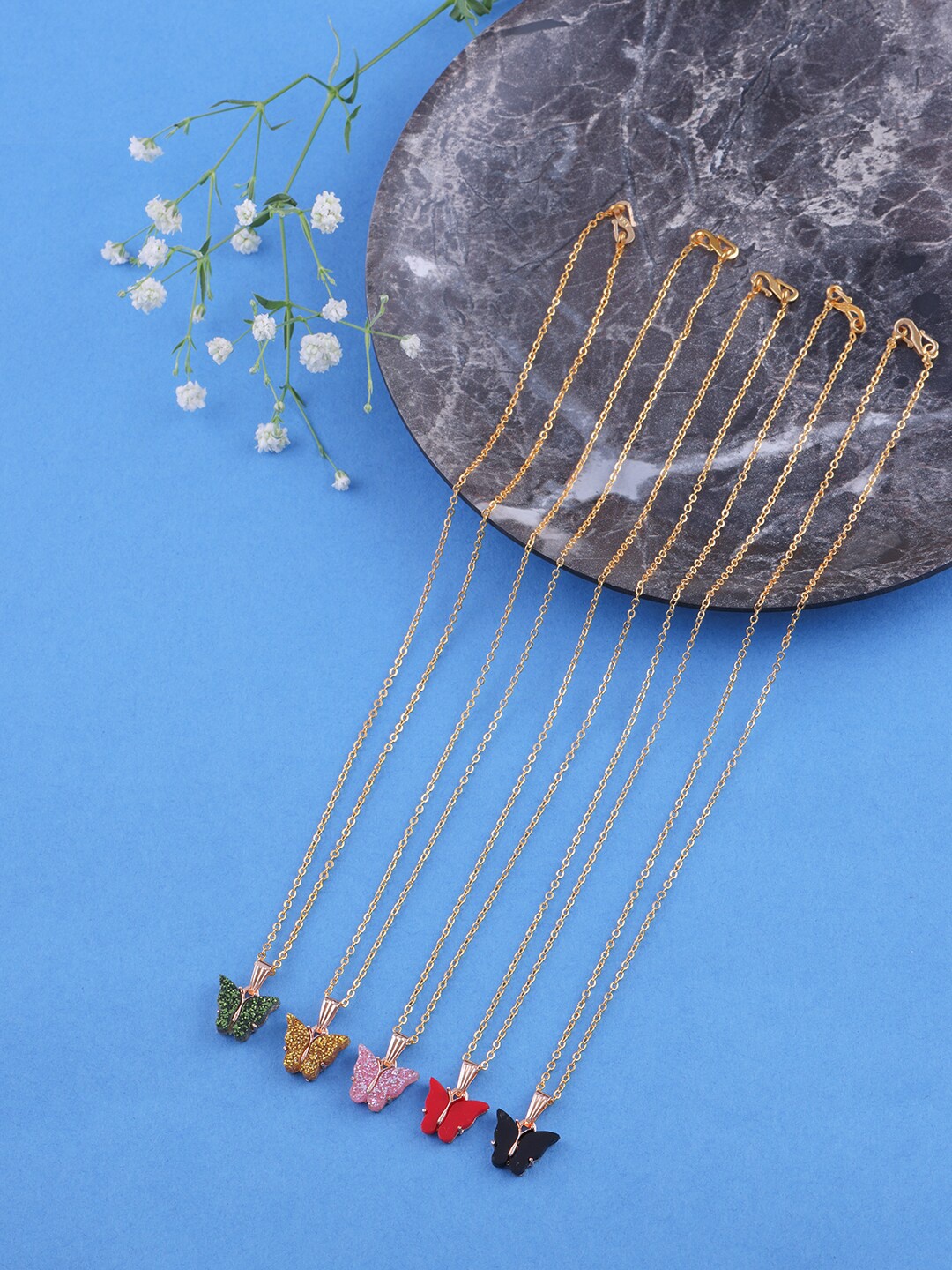 

Brandsoon Pack Of 5 Gold-Toned & Pink Brass Gold-Plated Necklaces