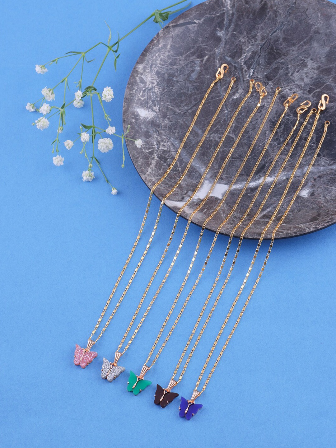 

Brandsoon Pack of 5 Gold-Toned & Blue Brass Gold-Plated Necklace