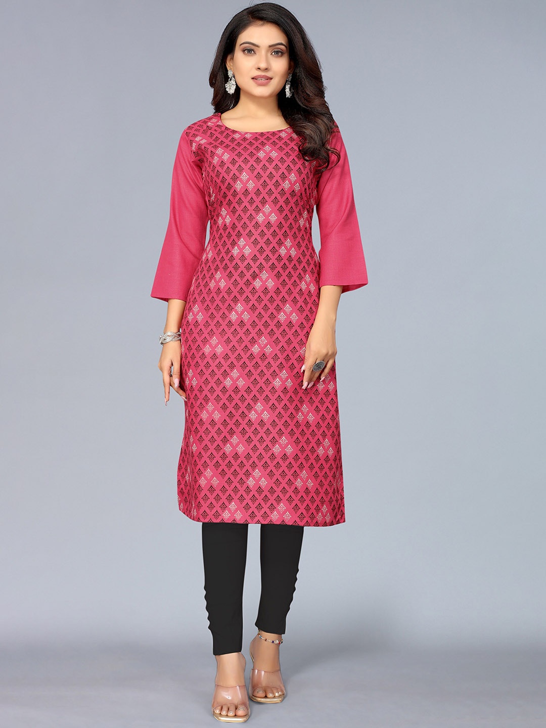 

Nimayaa Women Pink And Brown Ethnic Motifs Screen Print Straight Kurta