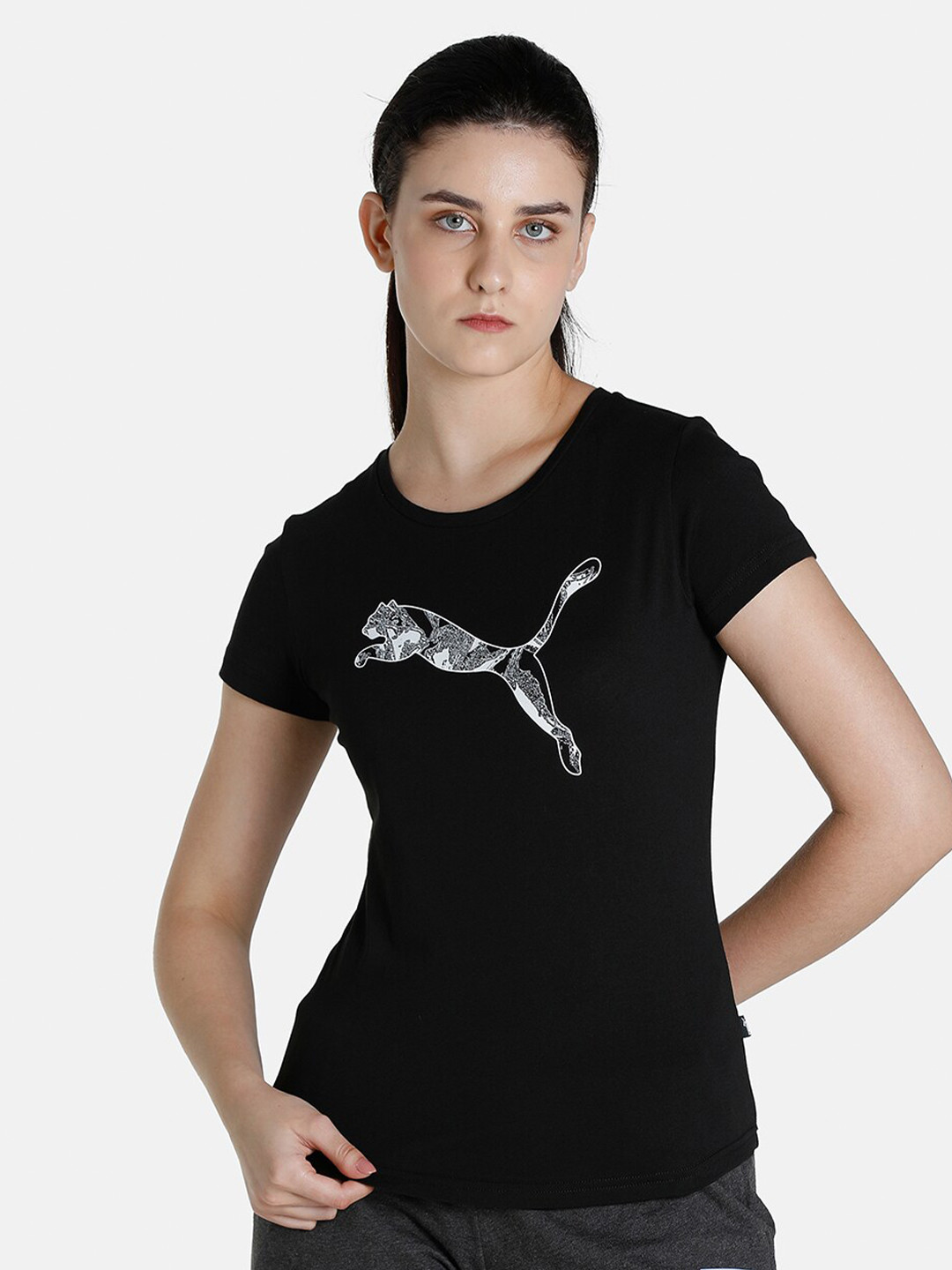 

Puma Women Brand Logo Printed Cotton T-shirt, Black