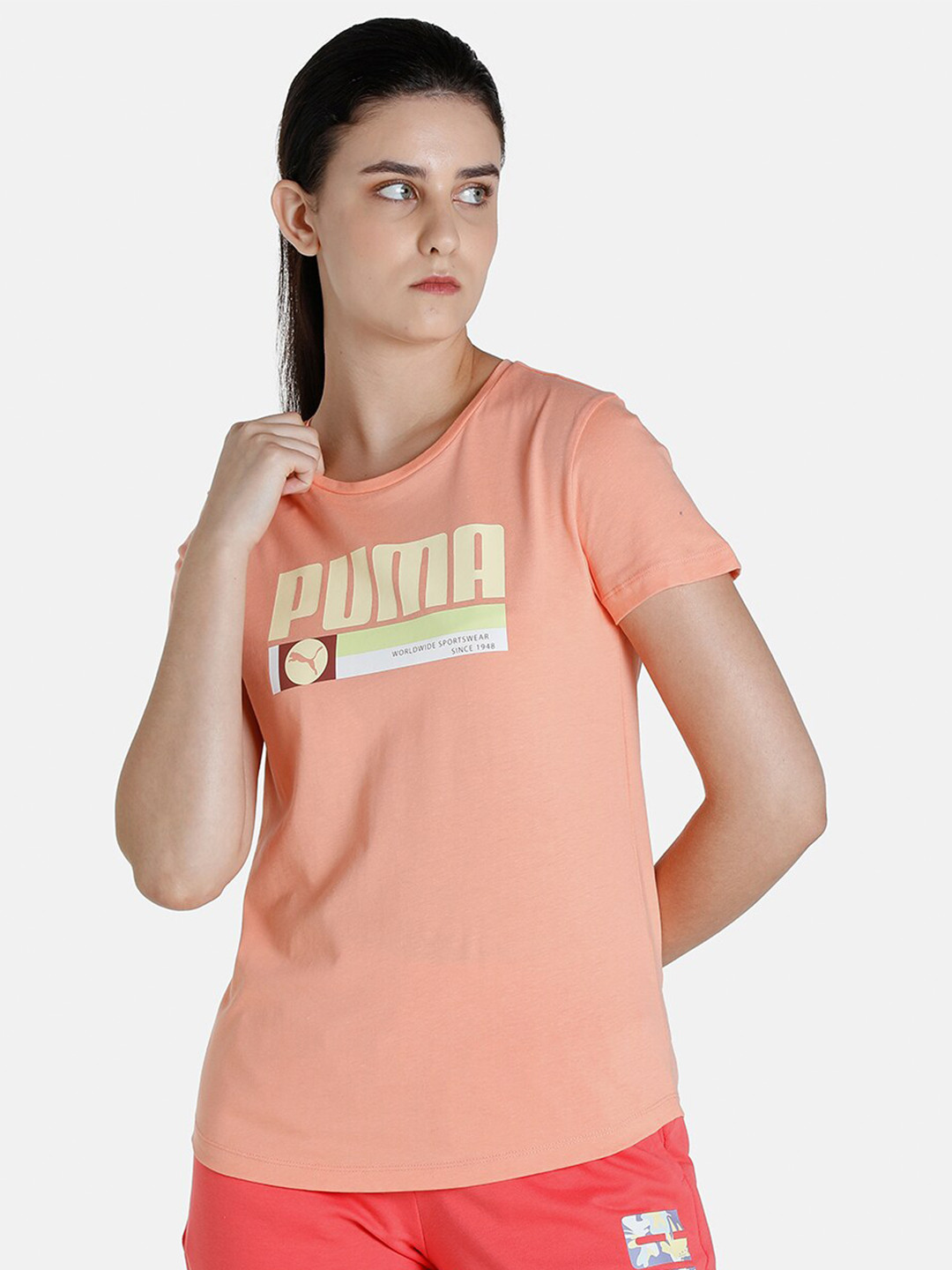 

Puma Graphic SW Logo Women Printed Cotton Regular Fit T-shirt, Pink
