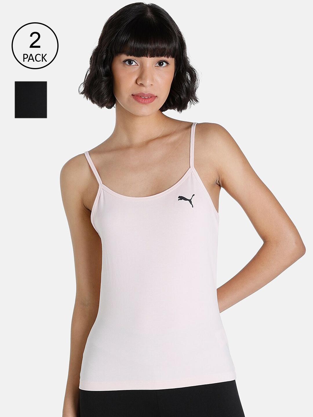 

Puma Women Black & Pink Pack Of 2 Solid Cotton Camisoles