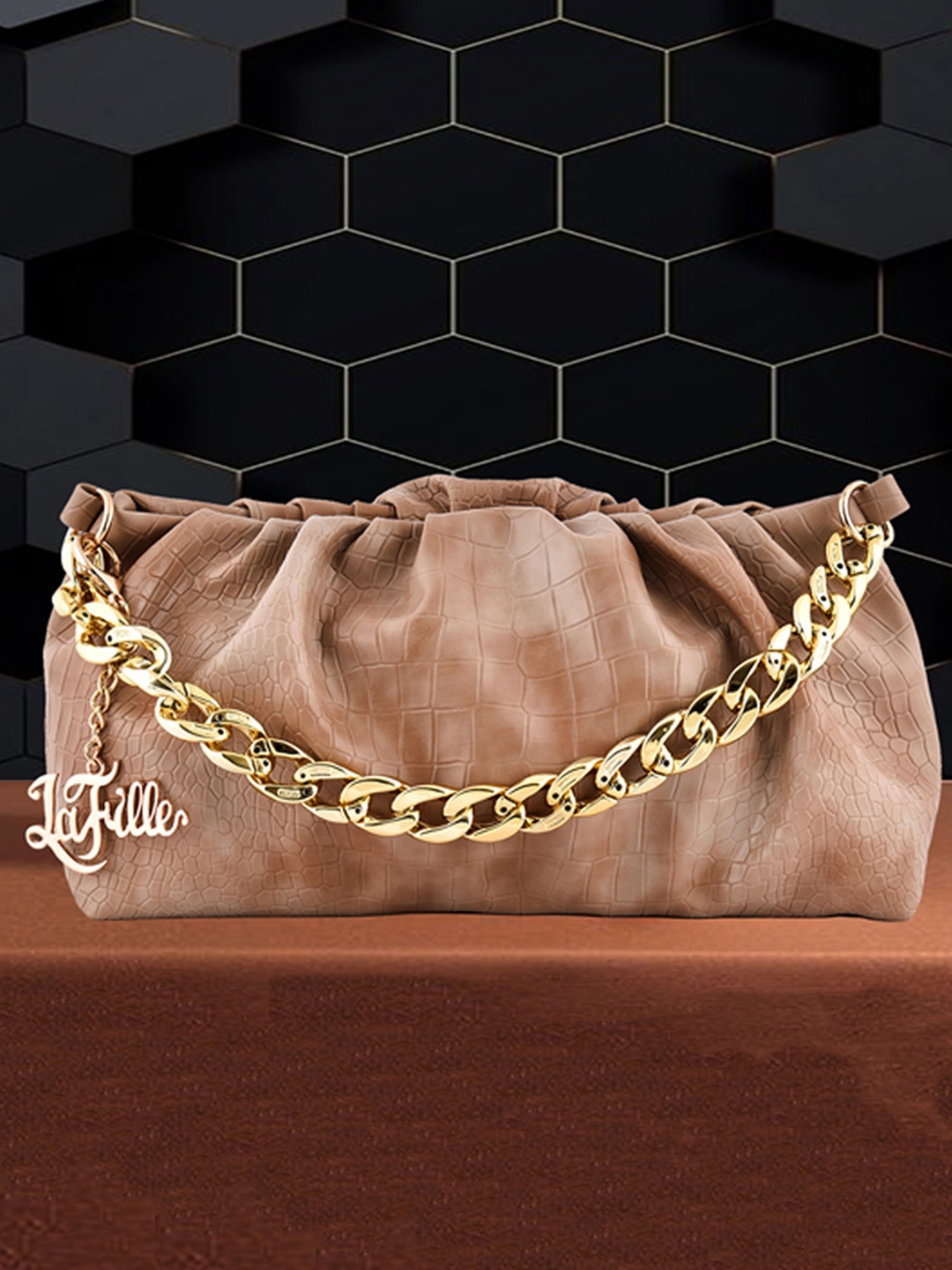 

LaFille Women Beige & Gold Textured PU Purse Clutch
