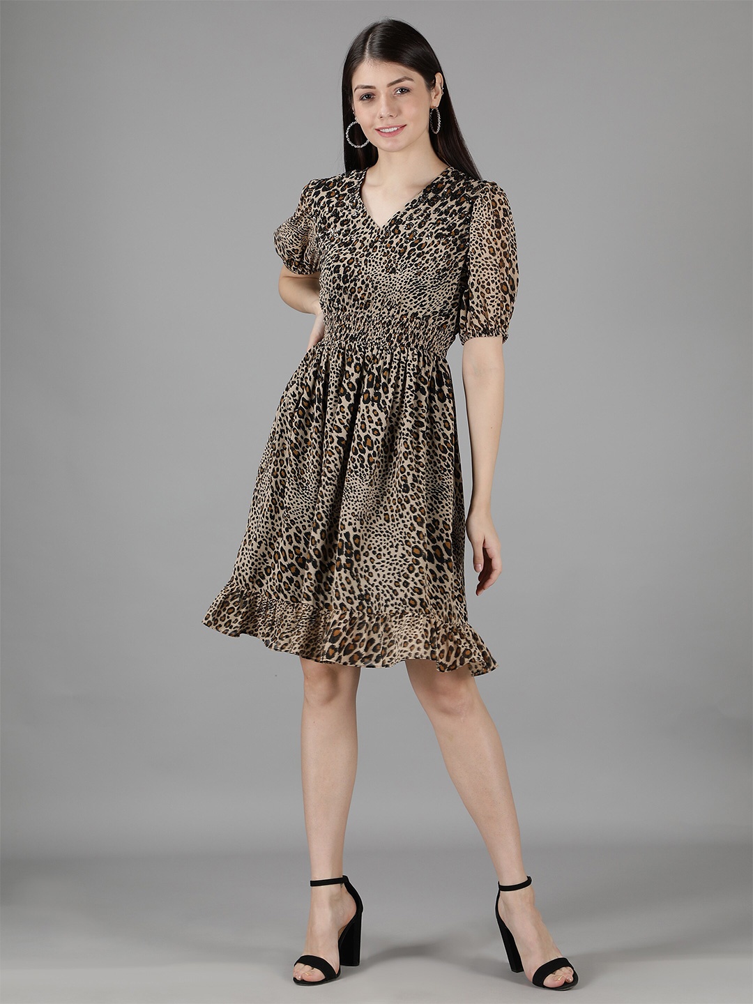

Amagyaa Women Beige & Black Animal Printed Georgette Dress