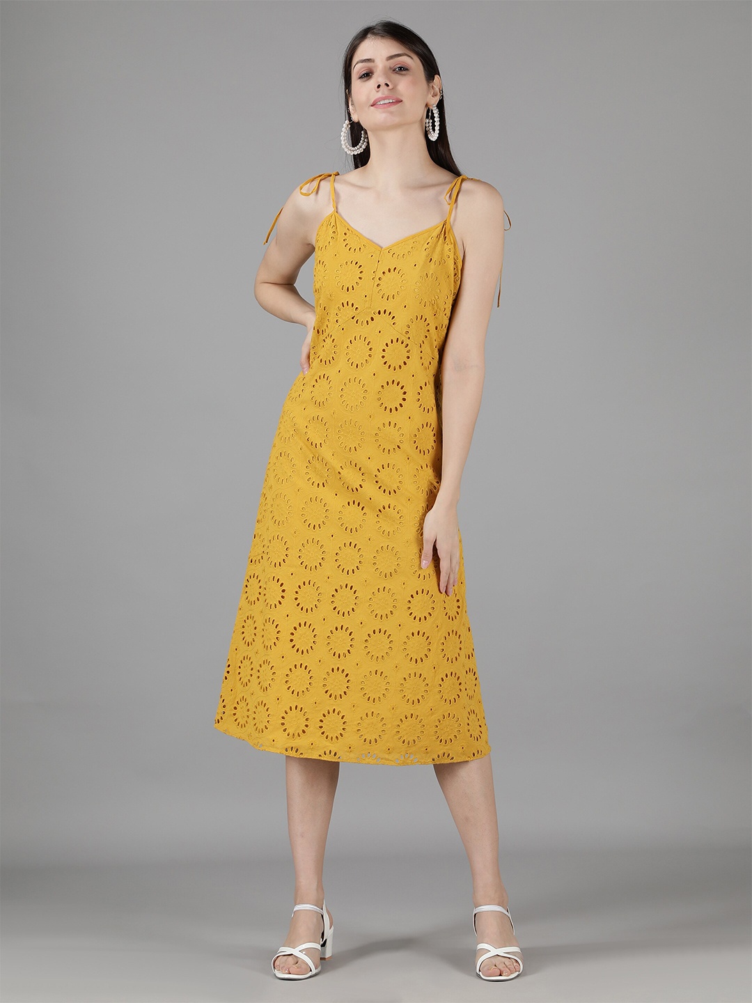 

Amagyaa Women Mustard Yellow Ethnic Motifs A-Line Midi Dress