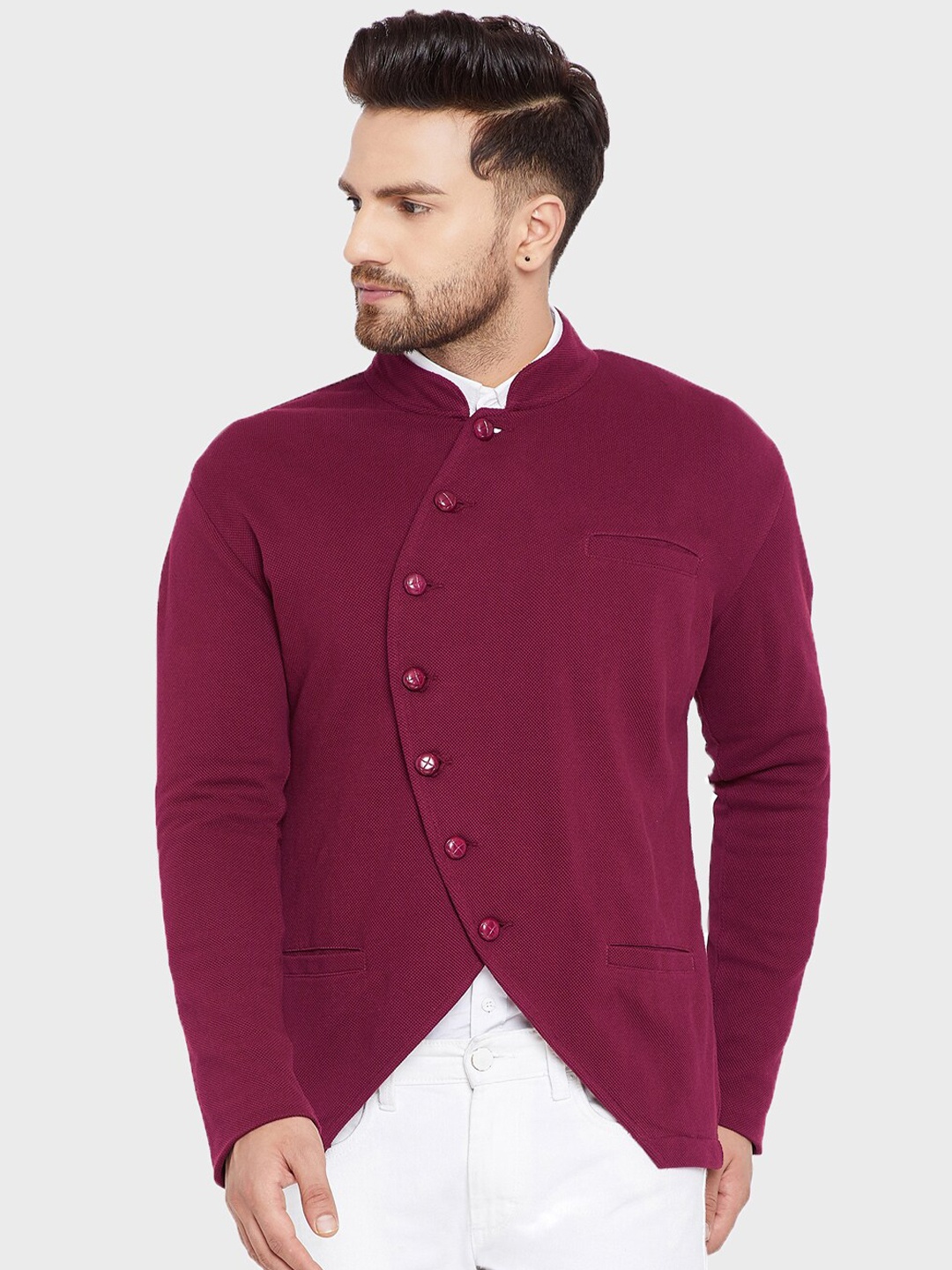 

Hypernation Men Maroon Solid Knitted Pure cotton Bandhgala Blazer