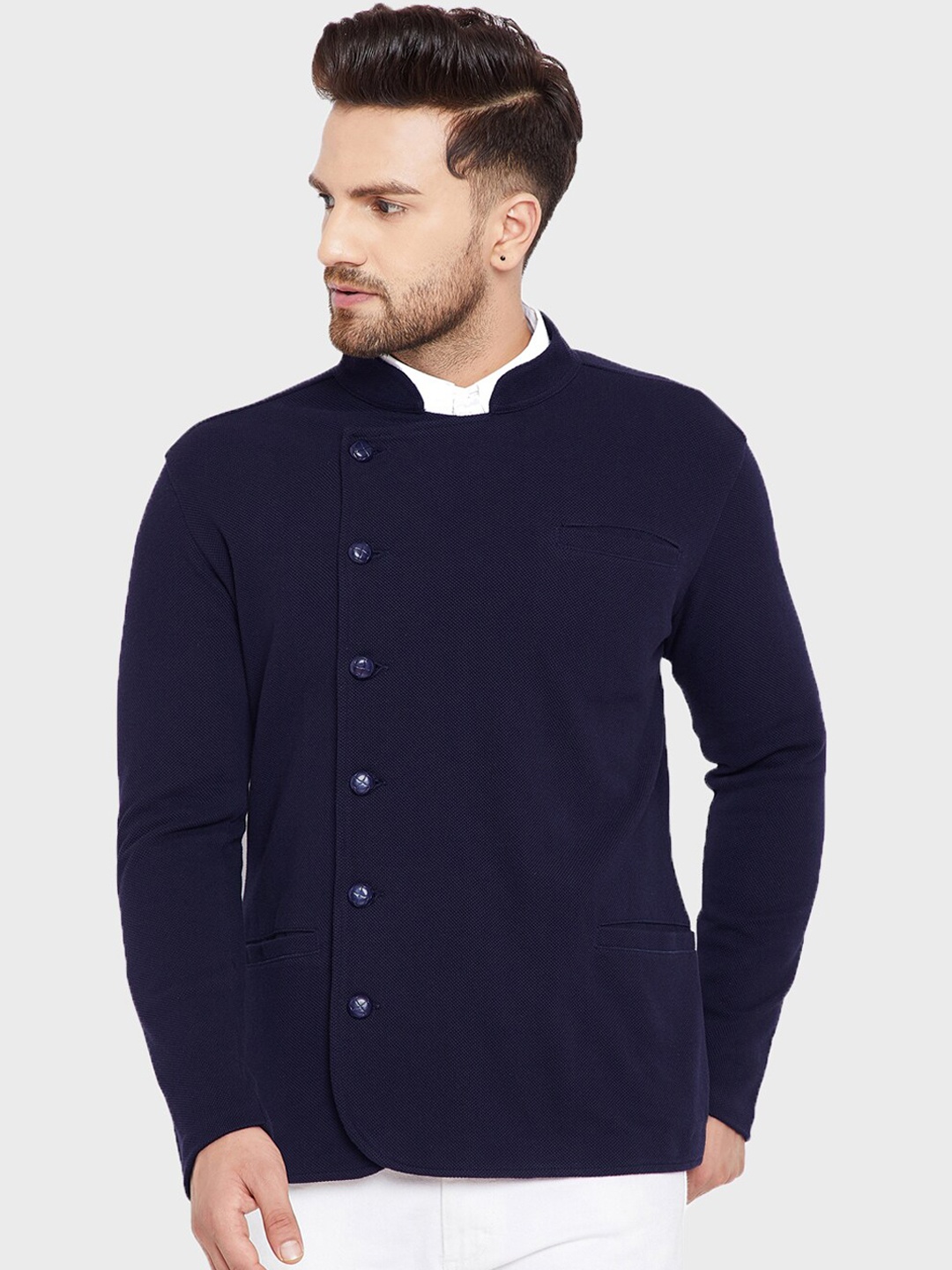 

Hypernation Men Navy Blue Solid Single Breasted Pure Cotton Bandhgala Blazer