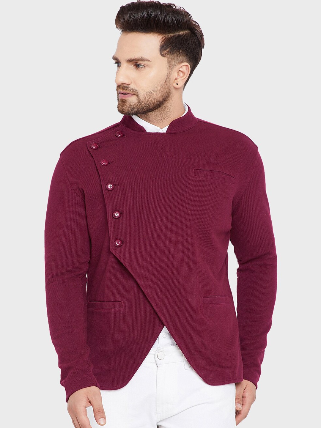 

Hypernation Men Maroon Solid Pure Cotton Bandhgala Blazer