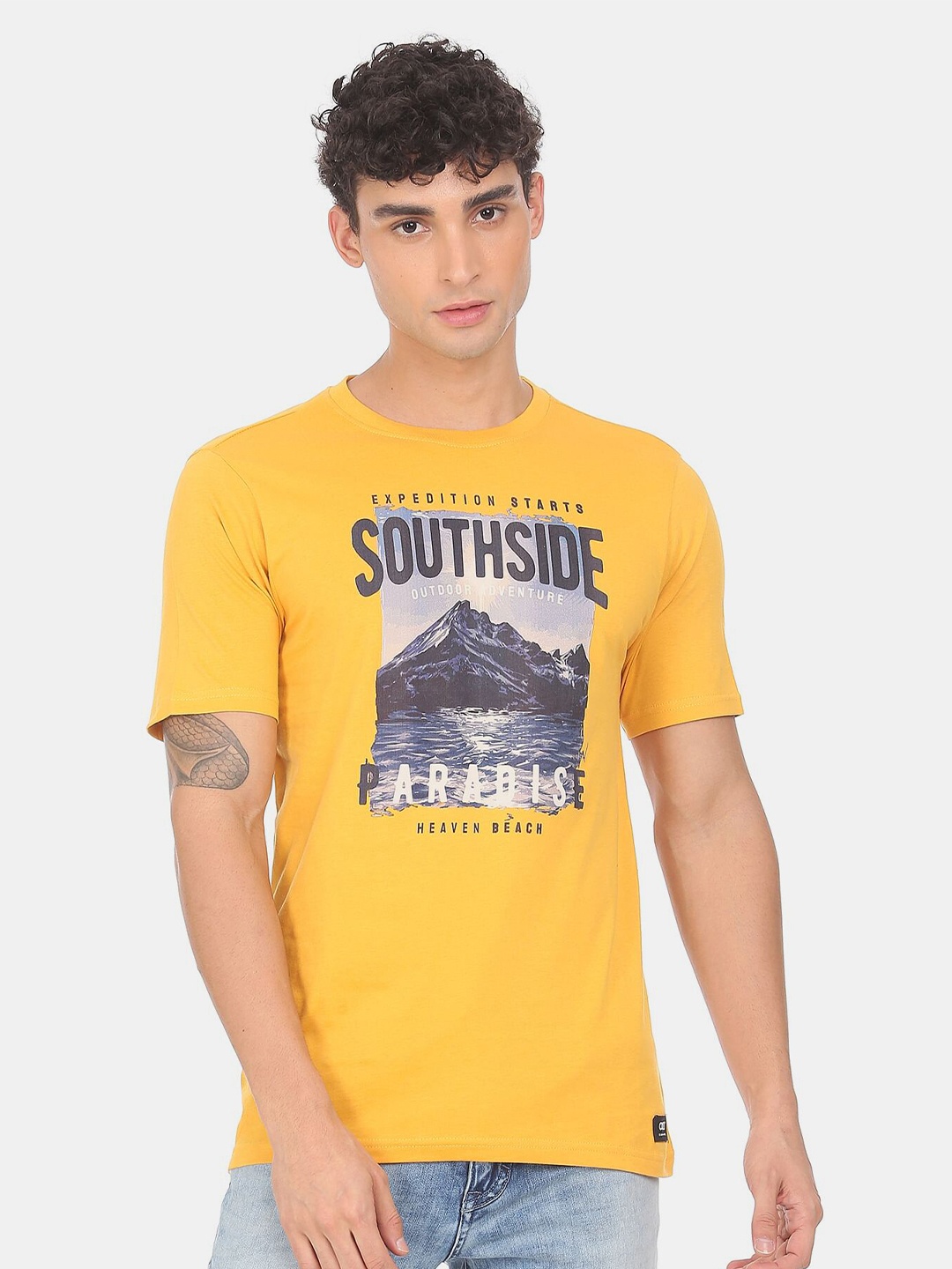 

Colt Men Yellow Printed Raw Edge Cotton T-shirt