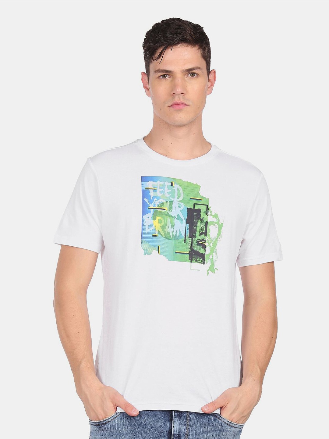 

Colt Men White Floral Printed Raw Edge T-shirt