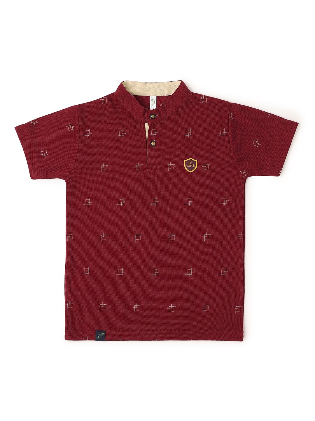 

earth conscious Boys Maroon Printed Mandarin Collar T-shirt
